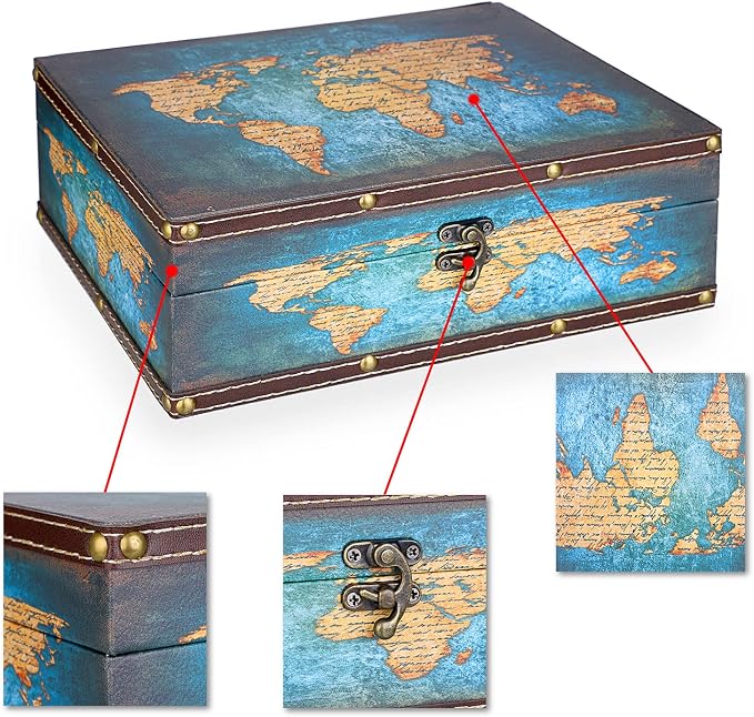 ELLDOO Decorative Treasure Chest Box, Wooden + PU Leather Storage Box for Jewelry Trinkets Photos, Rectangular Keepsakes box for Girls Women Gifts, Green Map Pattern