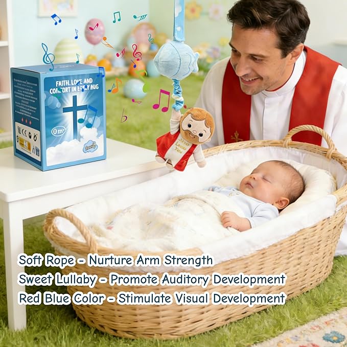 Baby Jesus Hanging Toys with Music Box Crib Toys Car & Stroller Toys Lullaby ﻿Sensory Pull Plush Doll for Babies Baptism First Birthday