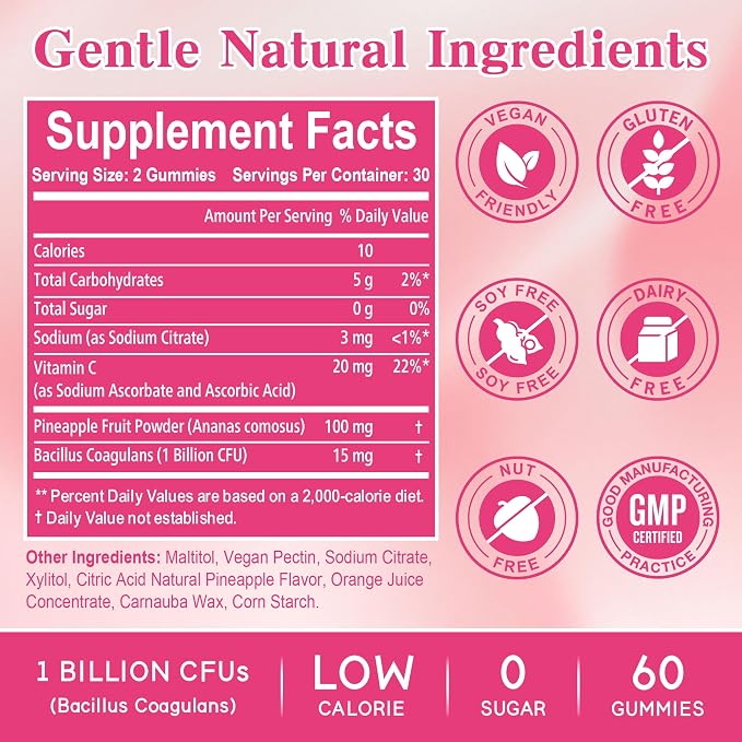 Feminine Balance Gummies for Women, Sugar Free Premium Feminine Balance Gummies for pH Balance, Healthy Odor, Vaginal Flora & Immune Support, Vegan Hawaiian Pineapple Female Vaginal Gummy, 60 Count