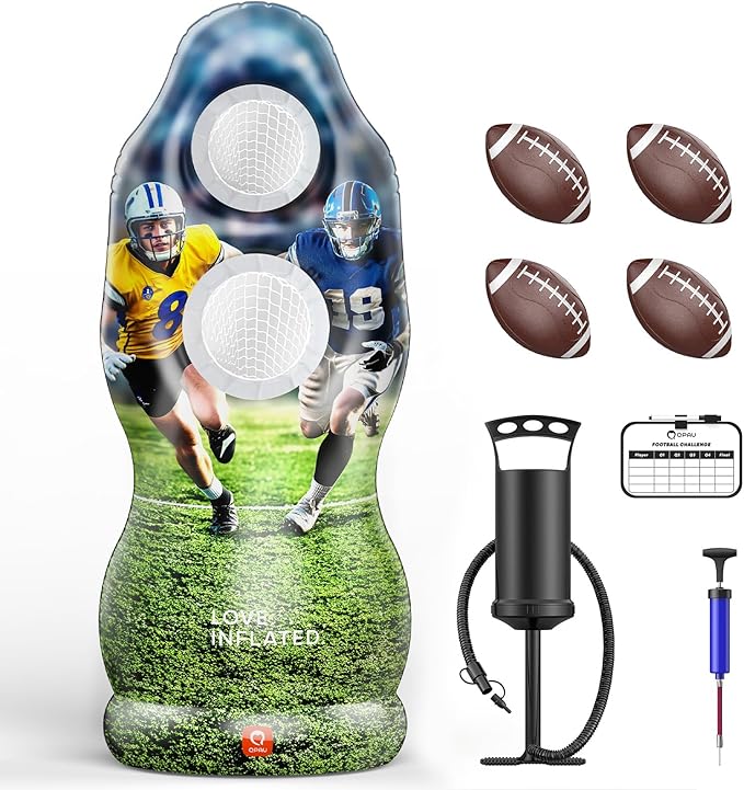 QPAU Dual-Hole Inflatable Football Target for Kids & Adults, Life-Size Backyard Toss Game with 4 Balls, Scoreboard & Pumps – Outdoor Toy for Boys Girls, Sports Training & Family Fun