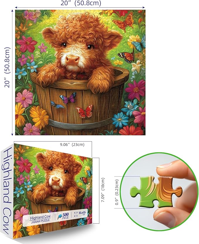 500-Piece Jigsaw Puzzle - Cute Highland Cow with Butterfly & Flower Design - Unique Challenging Family Puzzle, 20x20 Inches - Ideal Gift for Adults & Puzzle Enthusiasts