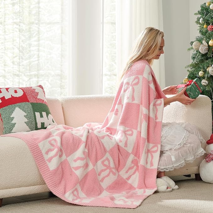 Snuggle Sac Bow Throw Blanket for Couch, Microfiber Fluffy Warm Cozy Fuzzy Reversible Checkered Blankets for Sofa, Chair, Bed, 60x80 inches