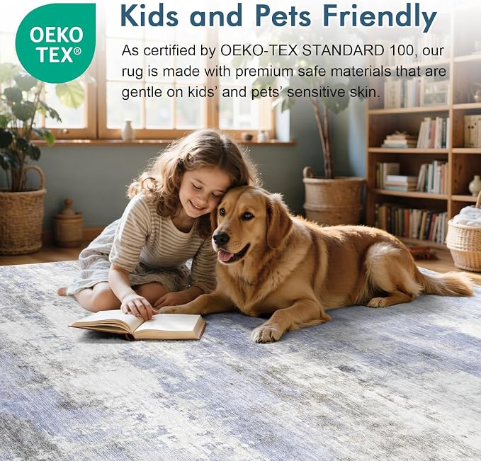 2x6 Ft Washable Runner Rug, Non-Slip Low Pile Hallway Kitchen Area Rug, Soft Long Entryway Floor Mat Abstract Pattern Carpet for Bedside & High-Traffic Areas (Blue/White)