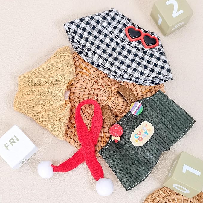 Doll Clothes for 17cm Dolls, Cute Outfit Set with Accessories, Bucket Hat and Overalls (No Doll) (Green Overalls Set)