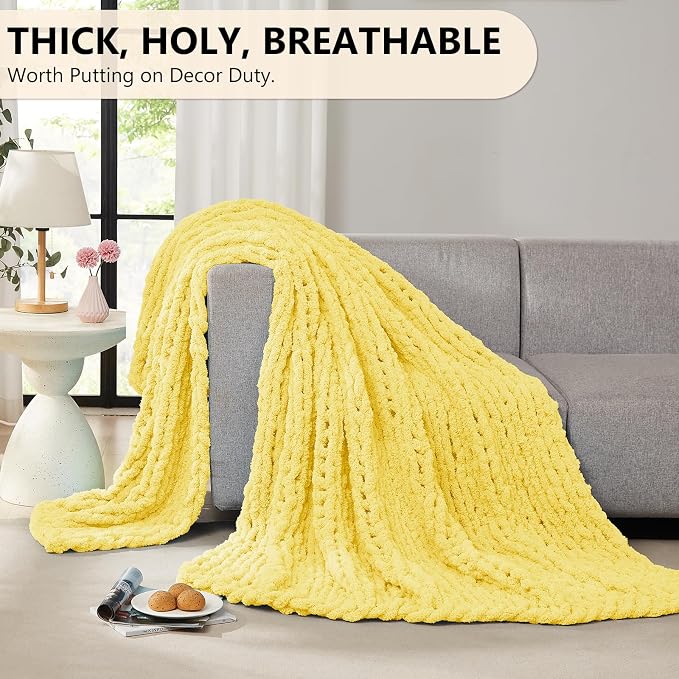 L'AGRATY Chunky Knit Throw Blanket for Couch, 60 x 80 Inches, Egg Yellow | Handmade Chenille Crochet Blanket for Sofa Bed, Thick Cable Knitted Blankets for Room Home Decor, Birthday Gift for Women Mom