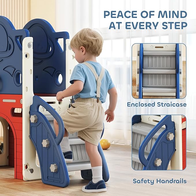 Qaba 8 in 1 Toddler Slide Set, Kids Climber Slider with Basketball Hoop and Ball, Ring Toss, Telescope, Storage, Outdoor Indoor Playground for Toddlers Aged 1-6