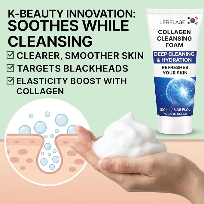 LEBELAGE Korean Collagen Facial Cleanser 3.38 oz | Cleansing Foam Face Wash | Low pH Gentle Hydrating Daily Facial Cleanser Sensitive Skin