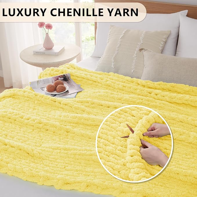 L'AGRATY Chunky Knit Throw Blanket for Couch, 50 x 60 Inches, Egg Yellow | Handmade Chenille Crochet Blanket for Sofa Bed, Thick Cable Knitted Blankets for Room Home Decor, Birthday Gift for Women Mom