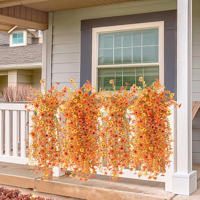 Artificial Fall Flowers for Decoration Fake Hanging Flowers Outdoors Decor | 2PCS Faux Mums Silk Flower UV Resistant No Fade for Autumn Outdoor Home Planter Porch Patio Yard Garden(Orange Golden)