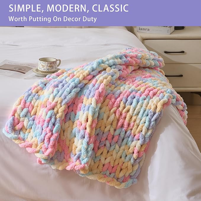 Bigacogo Chunky Knit Throw Blanket for Couch, 40x40 inches, PastelDreamMix | Hand Knit with Jumbo Chenille, Soft Breathable Cable Knit for Sofa Bed Living Room, Machine Washable, Gift for Mom Friend