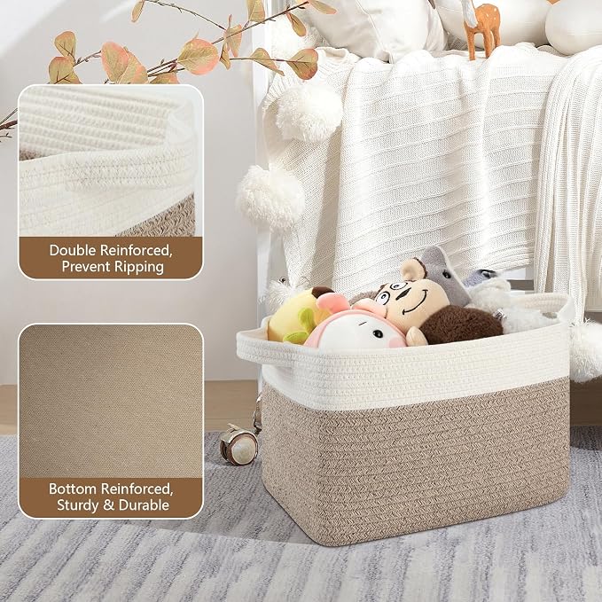 OIASKET Storage Baskets for Organizing, Woven Baskets for Shelves, Rectangle Decorative Organizer for Storage Clothes, Toy, Books, Towels Nursery Bins 3 Pack (Brown & White, 13"x9.85"x8.7")