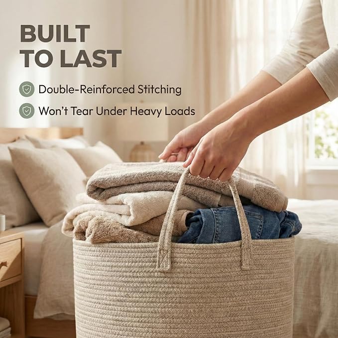 JMvicyroam 65L Extra Large Machine Washable Cotton Rope Blanket Basket | Collapsible Laundry Hamper, Reinforced Handles, For Blankets, Pillows, Toys and Clothes, Living Room and Bedroom, Oatmeal