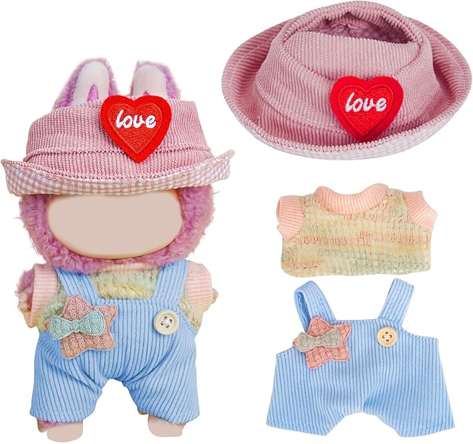 3-Piece Clothes Sets for Doll Sitting Standing Collection, Stylish Outfit Including Love Hat, Colourful Jumper, Light Blue Back Trousers (No Doll)