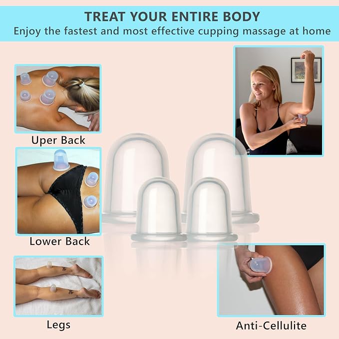 Silicone Cupping Therapy Set 4 Massage Cups (2 XL, 2 L) Pain Relief, Muscle Recovery & Cellulite Reduction Professional Cupping Kit for Home, Gym & Athletes