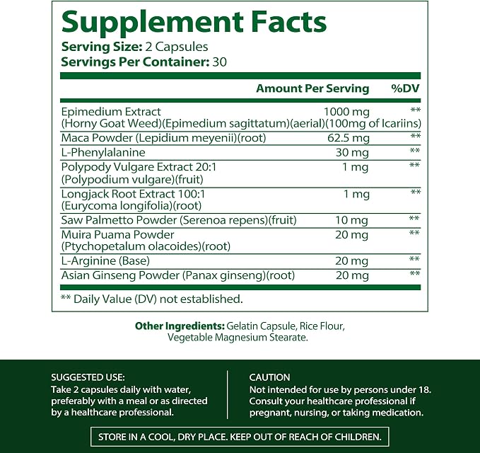 Horny Goat Weed Complex Supplement with Maca Root, Tongkat Ali, L-Arginine & Panax Ginseng – Energy, Stamina, Circulation & Vitality Support for Men & Women – Herbal Adaptogen Blend – 60 Capsules