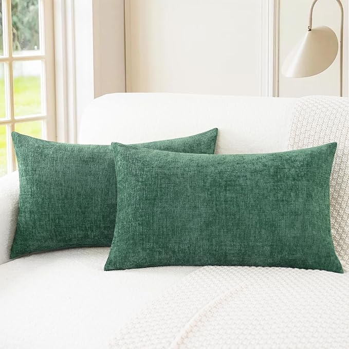 CaliTime Decorative Couch Throw Pillow Covers 20 X 12 Inches Dark Green | Pack of 2, Cozy Chenille Cushion Cases for Sofa Bed Living Room Farmhouse Home