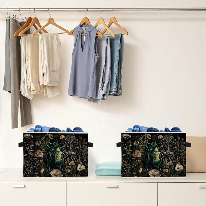 Moody Green Beetle Floral Storage Box Bins, Dark Cottagecore Wildflower Insect Collapsible Storage Basket Organizer for Bedroom Laundry Room Home Clothes Books, Decor for Room