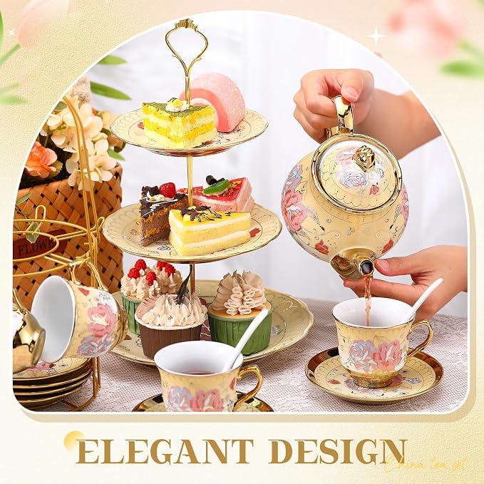 21 Pcs Ceramic Teapot Set Vintage Porcelain Tea Cups with Metal Holder and High Tier Cupcake Stand Saucers for Women Girls Farmhouse European Weddings Party Decor Gifts (Yellow,Vintage)