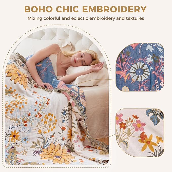 LUTBM Boho Throw Blanket for Couch 50"x60", Cotton Decorative Bed Throws | Reversible Floral Embroidery, All-Season Blankets, For Chair Sofa Bedroom Living Room, Lightweight & Breathable, Home Decor