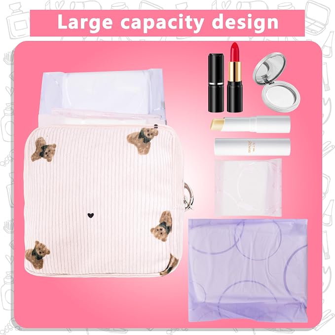 Period Bag for Girls, Corduroy Sanitary Napkin Storage Bag, Period Pouch & Tampon Holder, Feminine Care Organizer（Pink Bear）