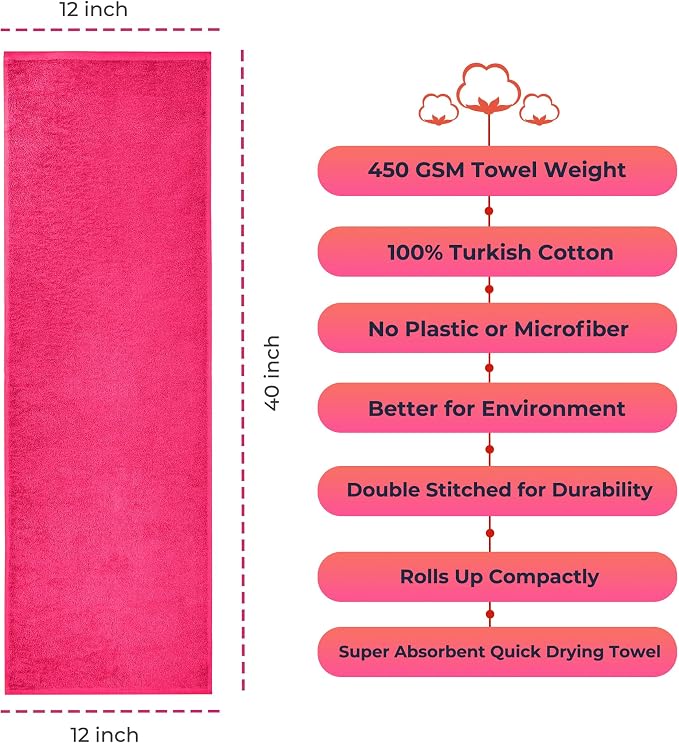 NUKURA 12” x 40” Gym Sweat Towel, 450 GSM, 100% Cotton, High Absorbency, Extra Soft & Quick Dry Workout, Yoga, Pickleball, Padel, Fitness Towel – Pink