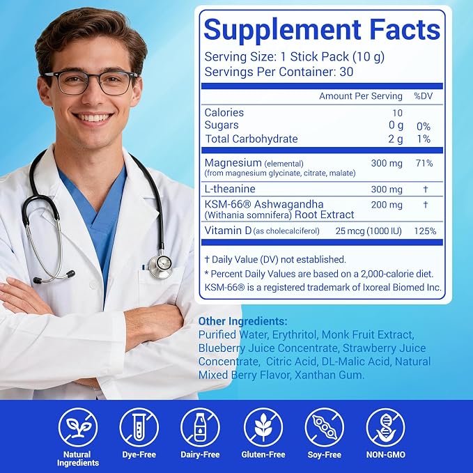 ASSR Calm Magnesium Glycinate Drink for Sleep Aid & Relaxation, Triple Magnesium Complex with KSM-66 Ashwagandha L-Theanine Vitamin D Balance Cortisol, Mood & Stress, No Sugar, Ready to Drink, 30ct
