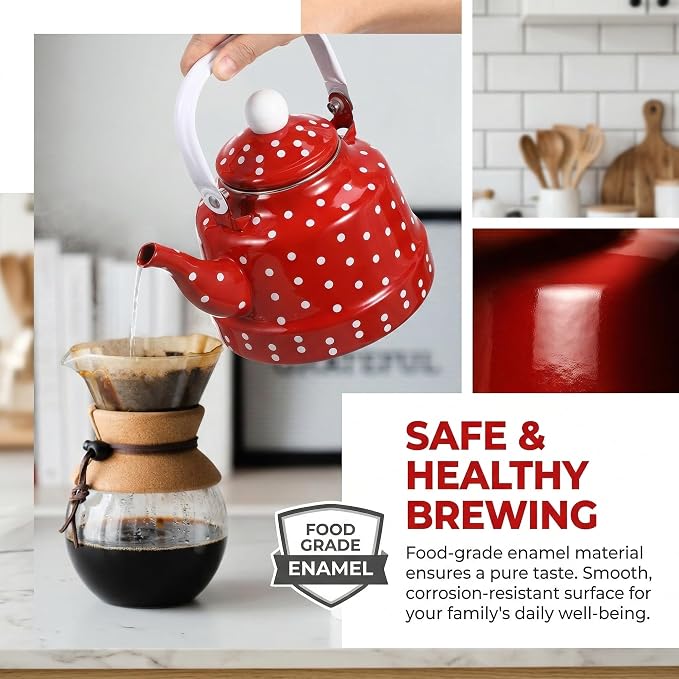 Cabilock Red Tea Kettle, 1.8 Quart Vintage Enamel Tea Kettle for Stovetop, Non-Whistling with Polka Dot Design and Ceramic-Style Handle, Retro Kitchen Decor Water Pot for Home Coffee