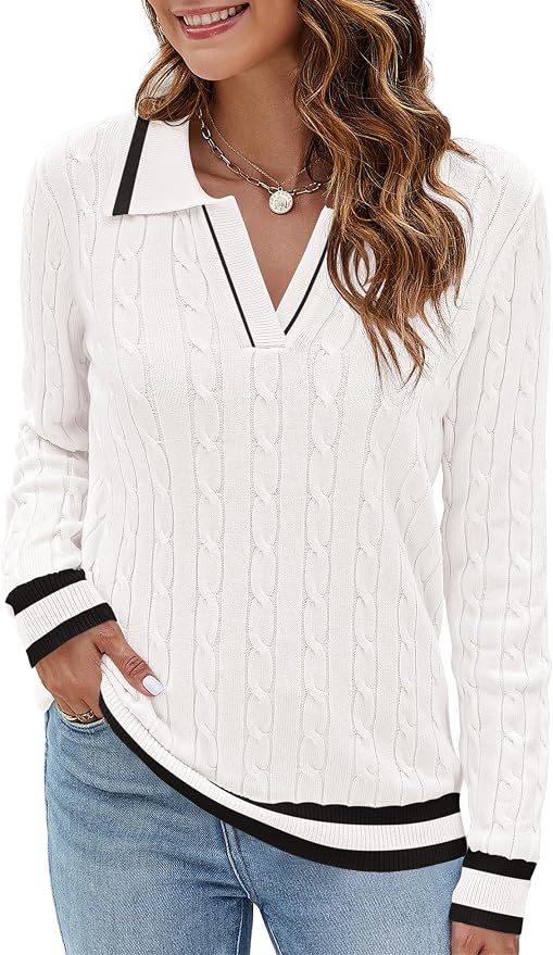 Micoson Womens Fall Long Sleeve Sweaters Lapel V Neck Cable Knitted Pullover Casual Soft Jumper Top