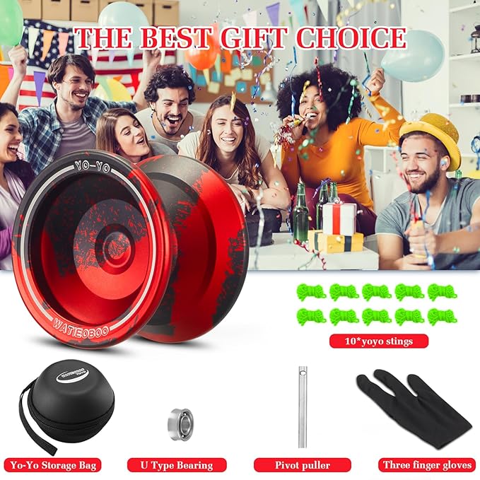 WATIEOBOO yoyo Responsive Yoyos for Kids Adults Beginner, yoyo Professional Unresponsive Metal yo yo Yo-yo for Advanced Players with Bearing Accessories+Removal Tool-Black+ Red