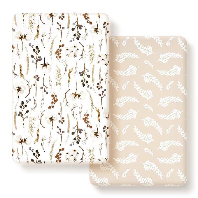 GRSSDER Stretchy Ultra Soft Jersey Knit Fitted Pack n Play Sheets Set 2 Pack, Neutral Portable/Mini Cribs Sheets, Fit Playards Mattress Pads Safe and Snug, Stylish Pretty Flora for Baby, Beige