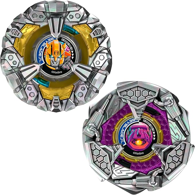 Beyblade X and Transformers Collab, Bumblebee 3-60GP vs. Shockwave 5-80O, 2 Takara Tomy Tops, 2 Launchers, Battling Top Game Toys, Ages 8+ (Amazon Exclusive)