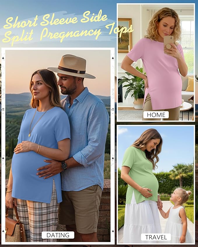 Ficerd 3 Pack Women's Maternity T Shirts, Short Sleeve Side Split Pregnancy Tops Casual Crew Neck Pregnant Tees Mama Clothes