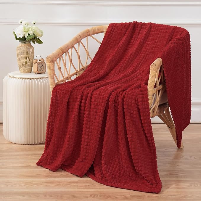 Puncuntex Fleece Throw Blanket Red 108"×90" with Square Grid Design | Super Soft Plush Cozy Flannel Throw Blanket Luxury for Couch Sofa Chair