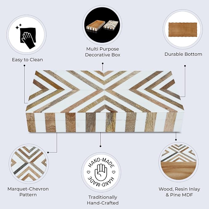 Handicrafts Home Large Decorative Storage Box with Lid Wooden Decorative Box Coffee Table Storage Box Living Room Organizer – Resin Inlay Marquet Chevron Collection - 12x6x2