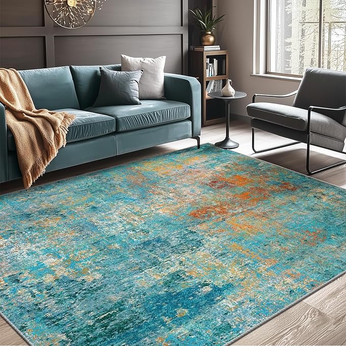 RELEANY Washable Area Rugs 6'x9' Non-Slip Modern Abstract Soft for Living Room Entryway Bedroom Kitchen, Print Pattern, Teal Blue Green Orange Rust Red Coloreful