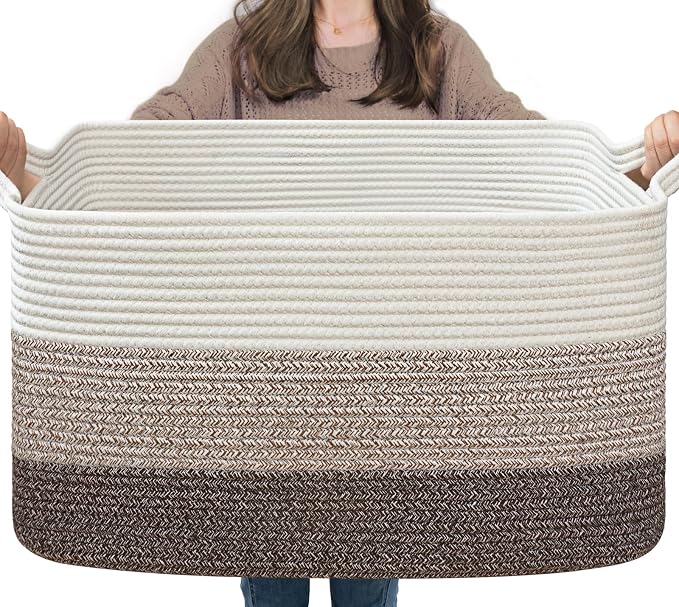 Goodpick Large Woven Rope Blanket Basket, Rectangle, White Brown | 21.6'' x 14.9'' x 11.8'' Storage Basket for Blankets & Toys, Living Room, Bedroom & Nursery Organization, Reinforced Handles