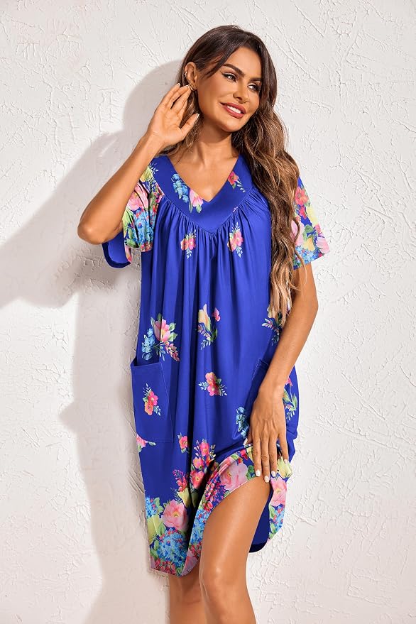 Ekouaer Womens House Dress Floral Print Nightgown with Pockets Mumu Dress