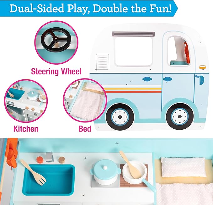 Wooden Play Camper Van Toy Playset w Steering Wheel, Kitchen, Stove, Oven, Bed, Pillow, Pretend Shower, Curtains, Personalization Stickers- Indoor Retro Car Camping, Travel RV Adventure- Ages 3+ Gift