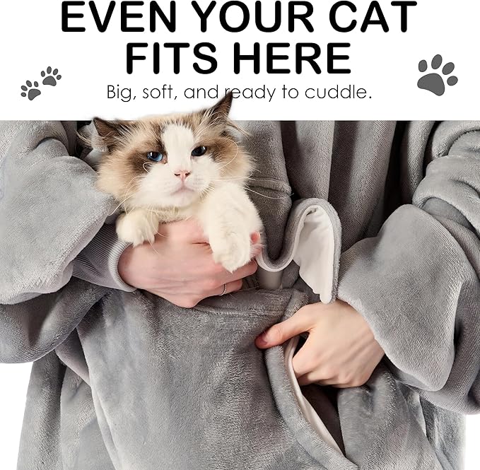 Krifey Big & Tall Wearable Blanket Hoodie with Cat Pocket, Extra Long Oversized Fleece Blanket for Adults, Cozy Birthday Gifts, Christmas Gifts