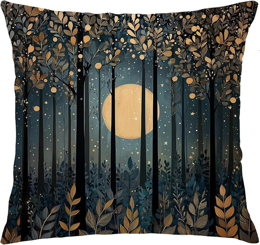Rustic William Morris Style Black Moon Pillow Covers 18x18,Vintage Black and Gold Forest Moon Botanical Nature Landscape Decorative Throw Pillow Covers for Home Bedroom Living Room