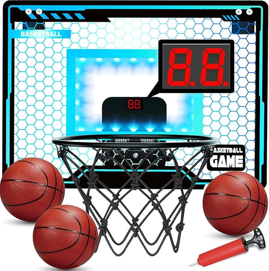 Mini Basketball Hoop Indoor for Kids, Basketball Hoop Over The Door with LED Lighting, Electronic Scoreboard & 3 Balls, Basketball Toys Gifts for 6 7 8 9 10 11 12 Year Old Teen Boys Christmas