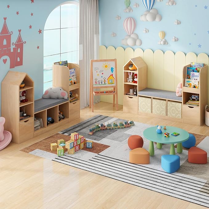 Vabches Toy Storage Organizer for Kids Bookshelf with Reading Nook, Multifunctional Kids Bookcase with 7 Storage Cubbies, 2 Movable Drawers and Seat Cushion for Keeping Kids' Toys Books Organized, Oak
