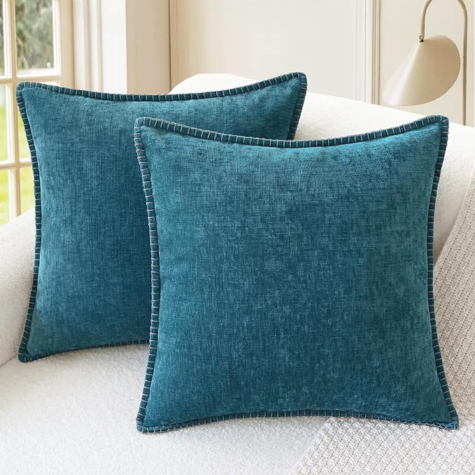 CaliTime Decorative Couch Throw Pillow Covers 22 X 22 Inches Ocean Blue | Pack of 2, Cozy Chenille Cushion Cases, Cotton Thread Stitching Edges, for Sofa Bed Living Room Farmhouse