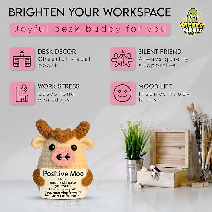 Positve Moo - Emotional Support Crochet Dolls Positive Crochet Animals Gifts Emotional Support Plush for Anxiety & Stress Relief Crochet Positive Cow Desk Decor