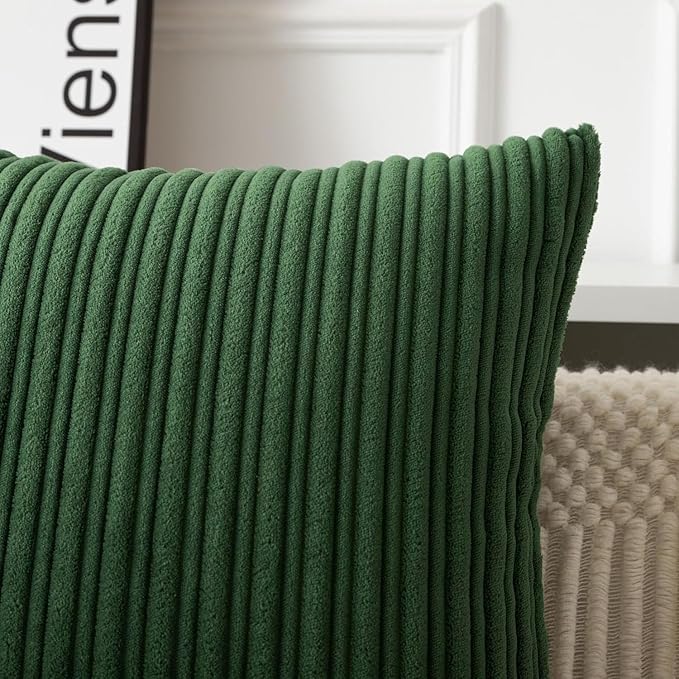 UGASA 12x20 Inch Lumbar Soft Throw Pillow Cover Boho Farmhouse Striped Corduroy Decorative Both Sides Solid Rectangular Cushion Case for Couch Bedroom Sofa Home, 1 Piece, Christmas Green