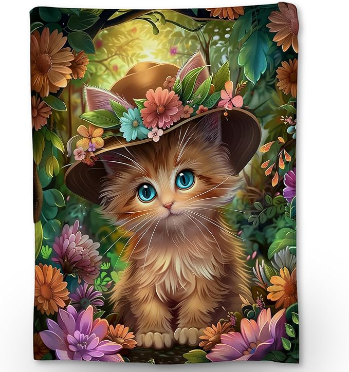 Cute Cat & Floral Blanket, Soft Warm Lightweight Flannel Throw Blanket for Couch, Bed, Travel & Outdoor, Cozy Fluffy Fuzzy Blankets for Women Girls, Home Decor 50×40 in