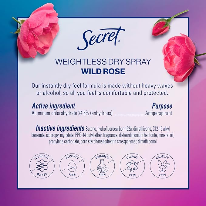 Secret Dry Spray Antiperspirant Deodorant for Women, 48hr Weightless Sweat & Odor Protection, Gentle on Skin, Wild Rose & Argan Oil Scent, 4.1 oz (Pack of 2)