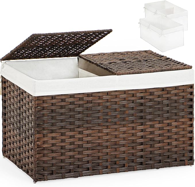SETVSON Storage Basket with Lid PE Rattan Storage Basket 105L, Brown | 27.8 Gal Storage Bin with 2 Separate Lids, 2 Removable Liners for Clothes & Blankets, Sturdy Metal Frame, PE Rattan