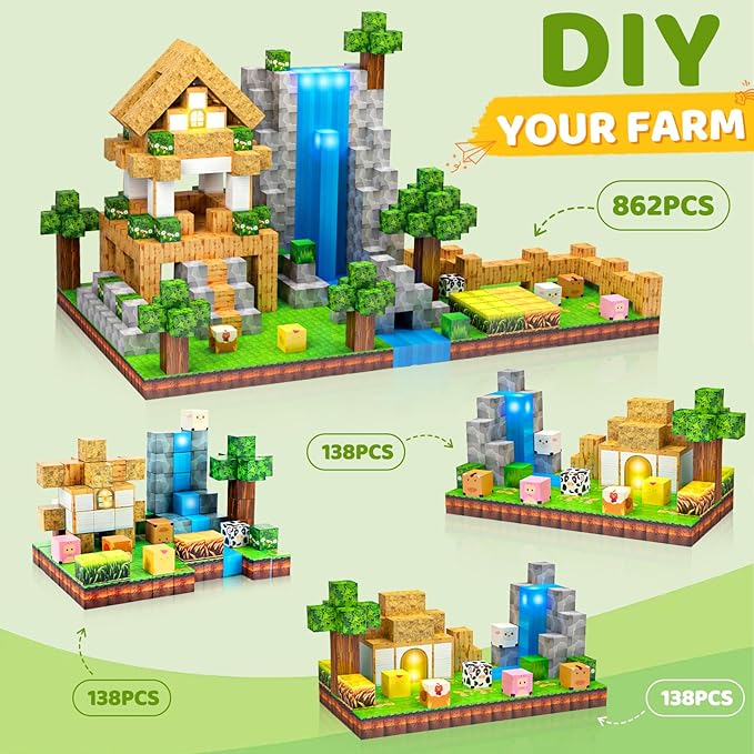 138 PCS Magnetic Blocks, Magnetic Building Blocks for Kids, Farm Construction Magnet Cubes Set for Girls Boys, Sensory STEM Toys for Kids Toddlers Ages 3+ Birthday