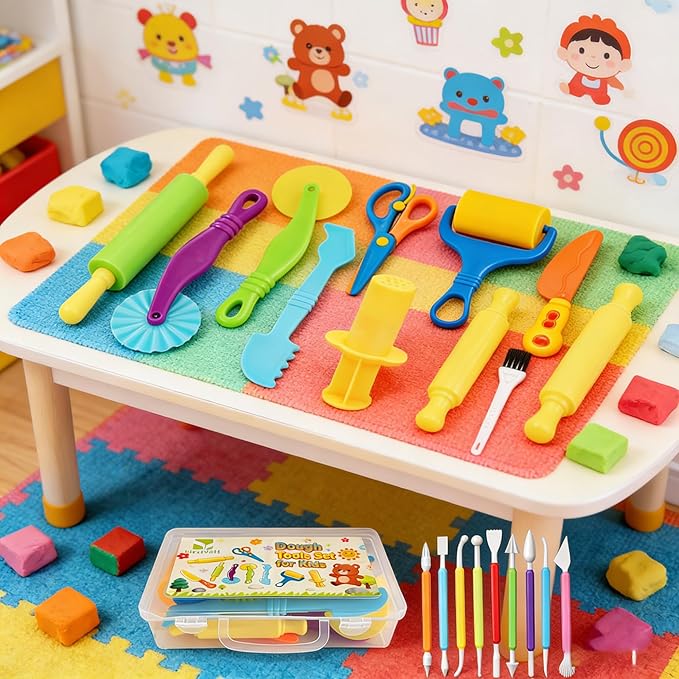 Kleeblatt Dough Tools Set for Kids - 20 Pcs Playdough Kit with 9 Basic Dough Tools,9 Double-Headed Clay Carving Tools,1 Marine Silicone Molds & Cleaning Brush, Safe for Toddlers Ages 2-8
